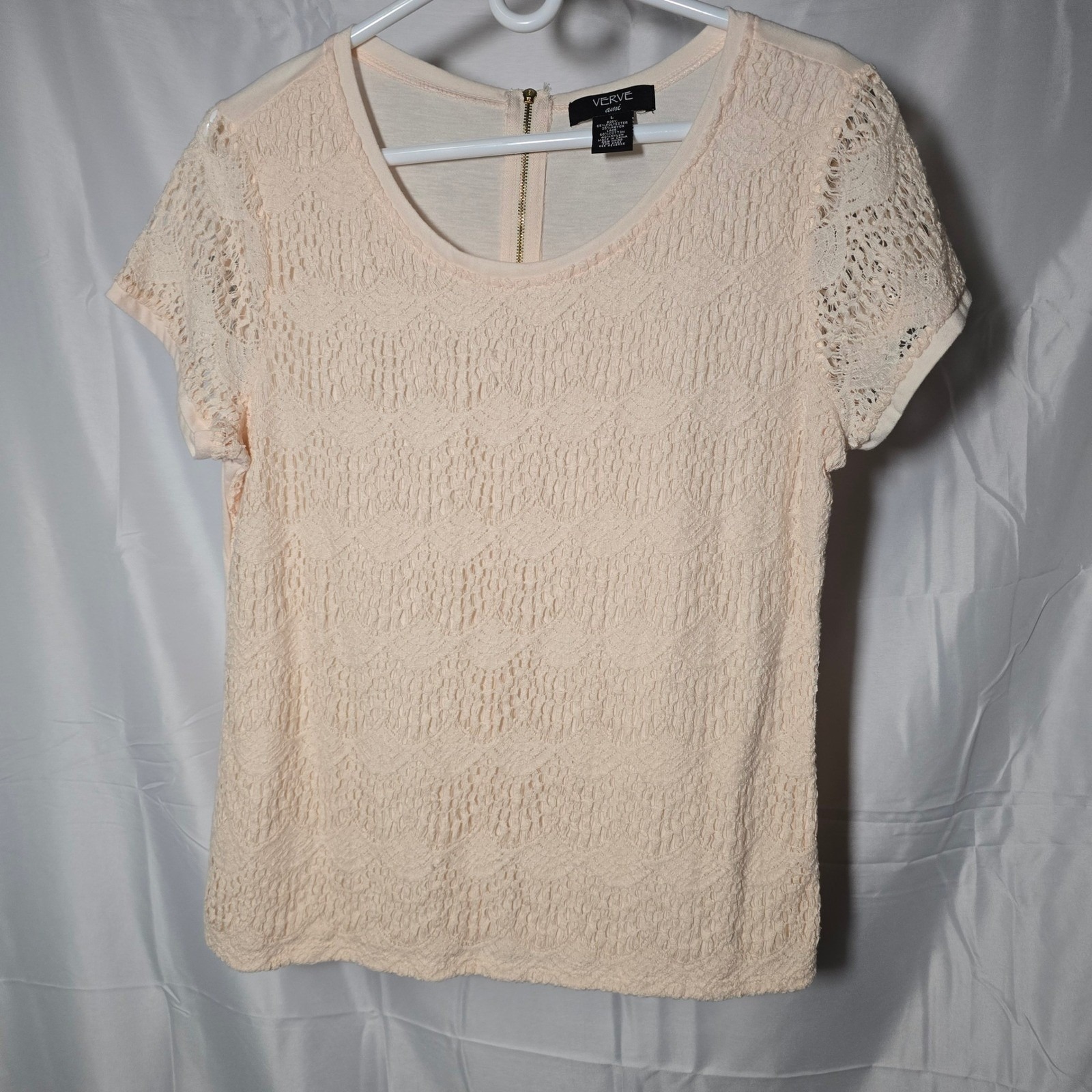 Verve Ami Womens Large Peach Lace Short Sleeve Top Cottage Dainty Knit